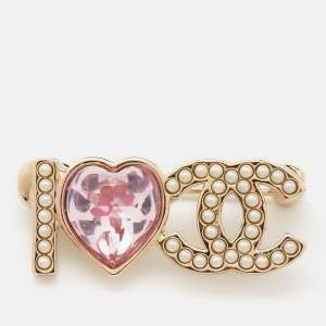Pre Owned Chanel CC I Love You Faux Pearl Resin Gold Tone Brooch