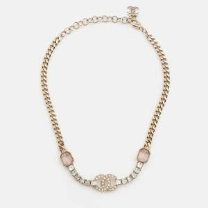 Chanel CC Crystals Gold Tone Choker Necklace