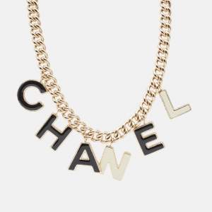 Pre Owned Chanel Letter Logo Enamel Gold Tone Necklace