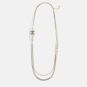 Pre Owned Chanel  Coco Love Double Strand Silver Tone Long Necklace