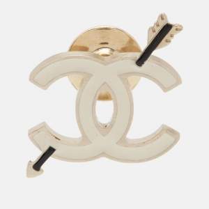 Pre Owned Chanel CC Arrow Gold Tone Enamel Pin Brooch