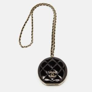 Chanel Black Quilted Patent Leather Round Mirror Chain Bag