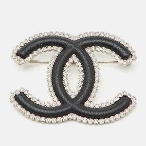 Chanel CC Crystal Leather Silver Tone Pin Brooch