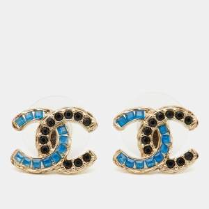 Chanel CC Blue Black Crystal Gold Tone Stud Earrings
