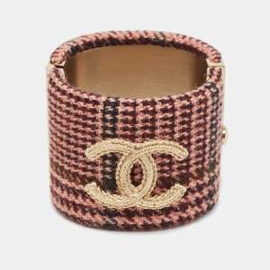 Pre Owned Chanel Tweed CC Fabric Gold Tone Wide Hinged Bangle Bracelet