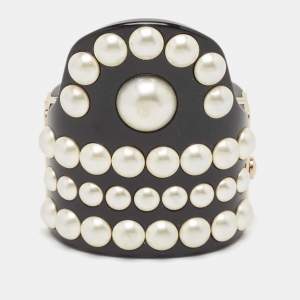 Chanel CC Black Resin Faux Pearls Embedded Asymmetric Cuff Bracelet