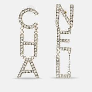 Pre Owned Chanel Letter Logo Crystals Gold Tone Earrings