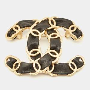 Pre Owned Chanel CC Leather Gold Tone Large Brooch