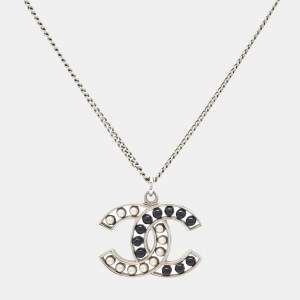 Chanel CC Enamel Faux Pearl Silver Tone Pendant Necklace