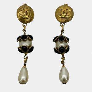Chanel Gold Enamel Pearl Teardrop Earrings