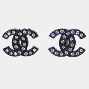 Chanel CC Black Rhinestone Clip-On Earrings 