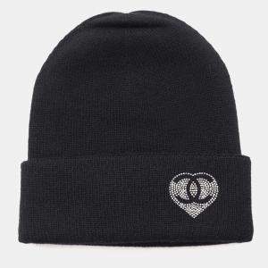 Chanel Black Cashmere Rhinestone CC Logo Heart Motif Knit Cap