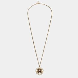 Chanel CC Faux Pearl Resin Crystals Gold Tone Pendant Necklace