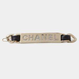  Chanel Gold Plated and Leather Rhinestone Logo Hair Clip 