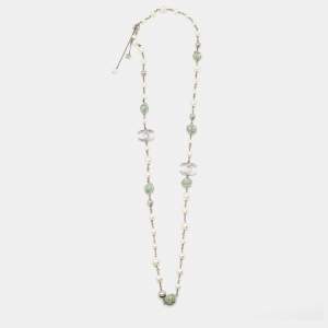 Chanel CC Faux Pearl Composite Silver Tone Long  Necklace 