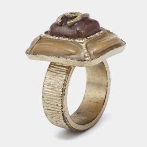 Chanel CC Gold Tone Enamel Cocktail Ring Size 52