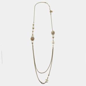 Chanel CC Faux Pearl Gold Tone Long Necklace