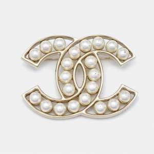 Chanel CC Faux Pearl Gold Tone Brooch