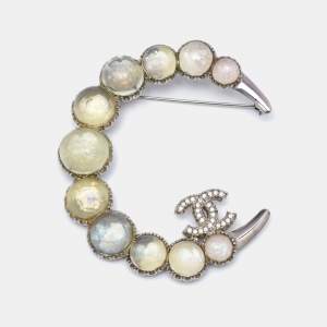 Chanel CC Resin Crystal Moon Silver Tone Brooch