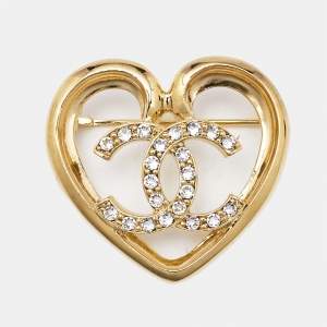 Chanel CC Heart Crystal Gold Tone Brooch