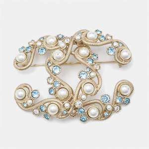 Chanel CC Faux Pearl Crystal Gold Tone Brooch