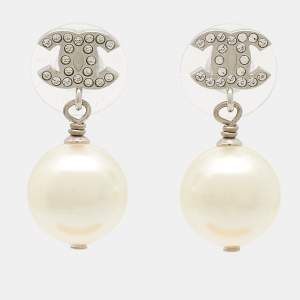 Chanel CC Crystal Embellished Faux Pearl Silver Tone Drop Earrings
