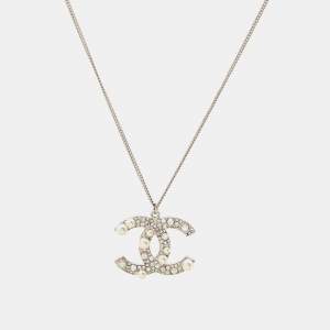 Pre Owned Chanel CC Crystals Faux Pearl Silver Tone Necklace