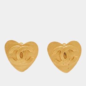 Chanel CC Heart Gold Tone Earrings