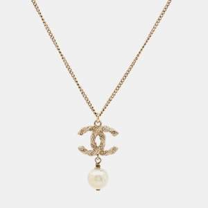 Chanel CC Crystals Faux Pearl Gold Tone Necklace