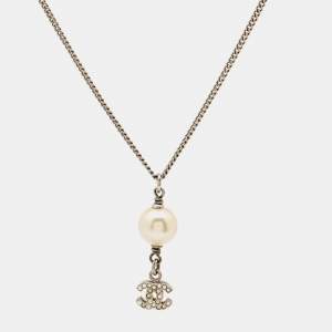 Chanel CC Crystals Faux Pearl Silver Tone Necklace