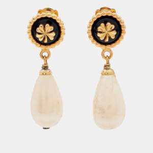 Chanel Clover Enamel Faux Pearl Gold Tone Clip On Earrings