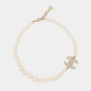 Chanel CC 100th Anniversary Faux Pearl Crystal Gold Tone Necklace