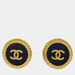 Chanel Gold Black Button Clip-On Earrings 