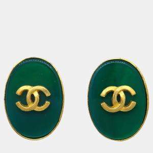 Chanel Green Gold Plated Oval Stone Clip-On Earrings  