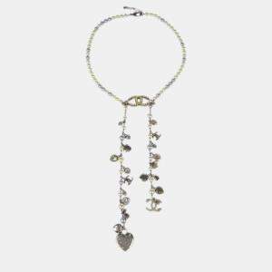 Chanel Artificial Pearl Rhinestone Silver Chain Necklace