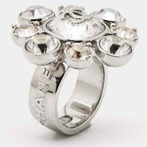 Chanel CC Crystals Silver Tone Ring Size 54