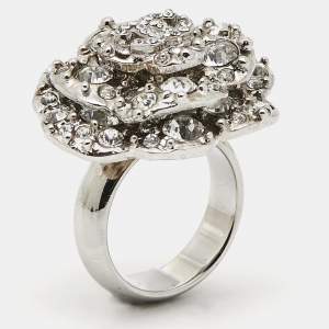 Chanel Camelia Crystals Silver Tone Ring Size 50