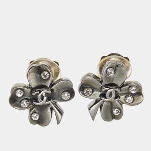 Chanel  CC Clover Leaf Crystals Gunmetal Tone Clip On Earrings