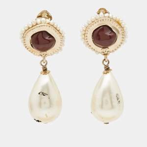Chanel CC Resin Faux Pearl Gold Tone Dangle Earrings