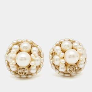 Chanel CC Faux Pearl Gold Tone Earrings