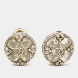 Pre Owned Chanel CC Resin Faux Pearl Silver Tone Earrings