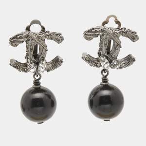 Chanel CC Beads Crystals Gunmetal Tone Earrings