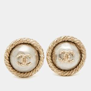 Pre Owned Chanel CC Dome Two Tone  Clip-On Earrings