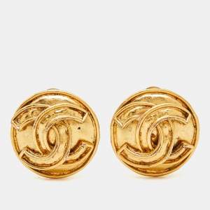 Pre Owned Chanel CC Round Gold Tone Earrings