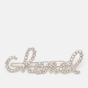 Chanel Logo Crystals Faux Pearl Gold Tone Hair Clip