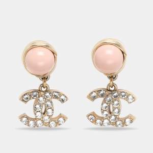 Chanel Gold Tone/Pink Resin & Strass CC Drop Earrings