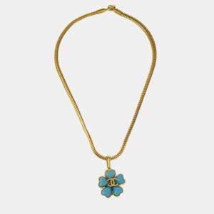 Chanel Gold Plated, Stone Flower Pendant Necklace 