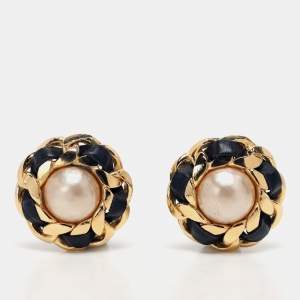 Chanle Gold/Black Faux Pearl and Leather Chain Iconic Clip On Earrings