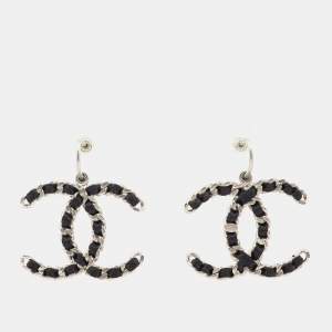 Chanel Black Satin Silver Tone CC Chain Logo Dangle Earrings