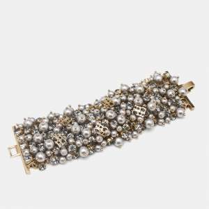 Carolina Herrera CH Crystals Faux Pearl Gold Tone Bracelet